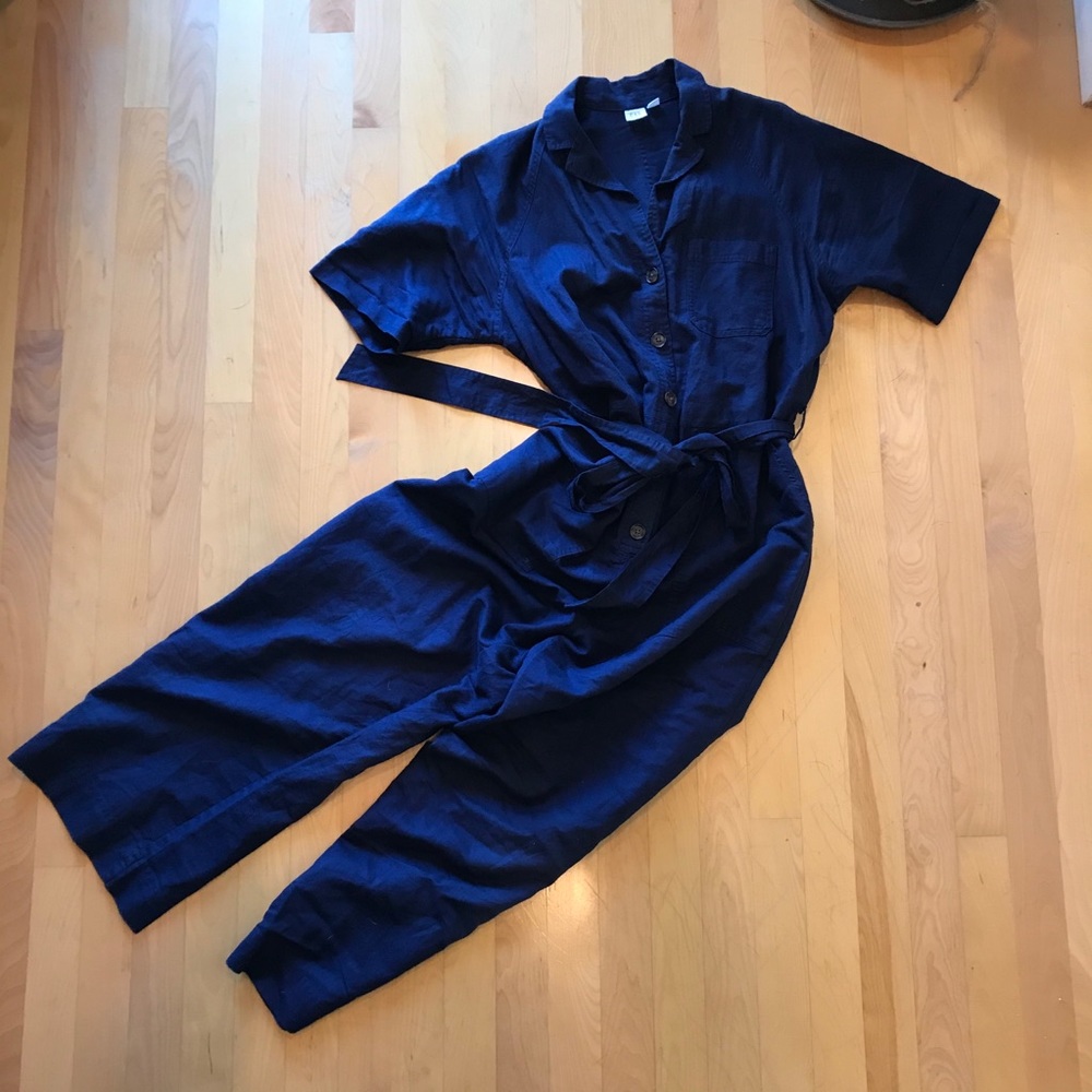 Navy linen wide leg jumpsuit